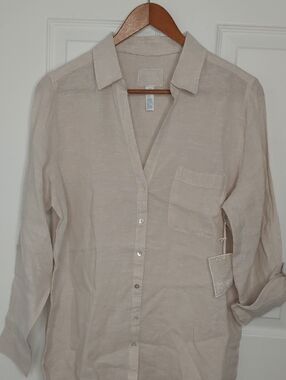 Sigrid Olsen Lightweight Button-Down Shirt - Neutral Cream 100% Linen